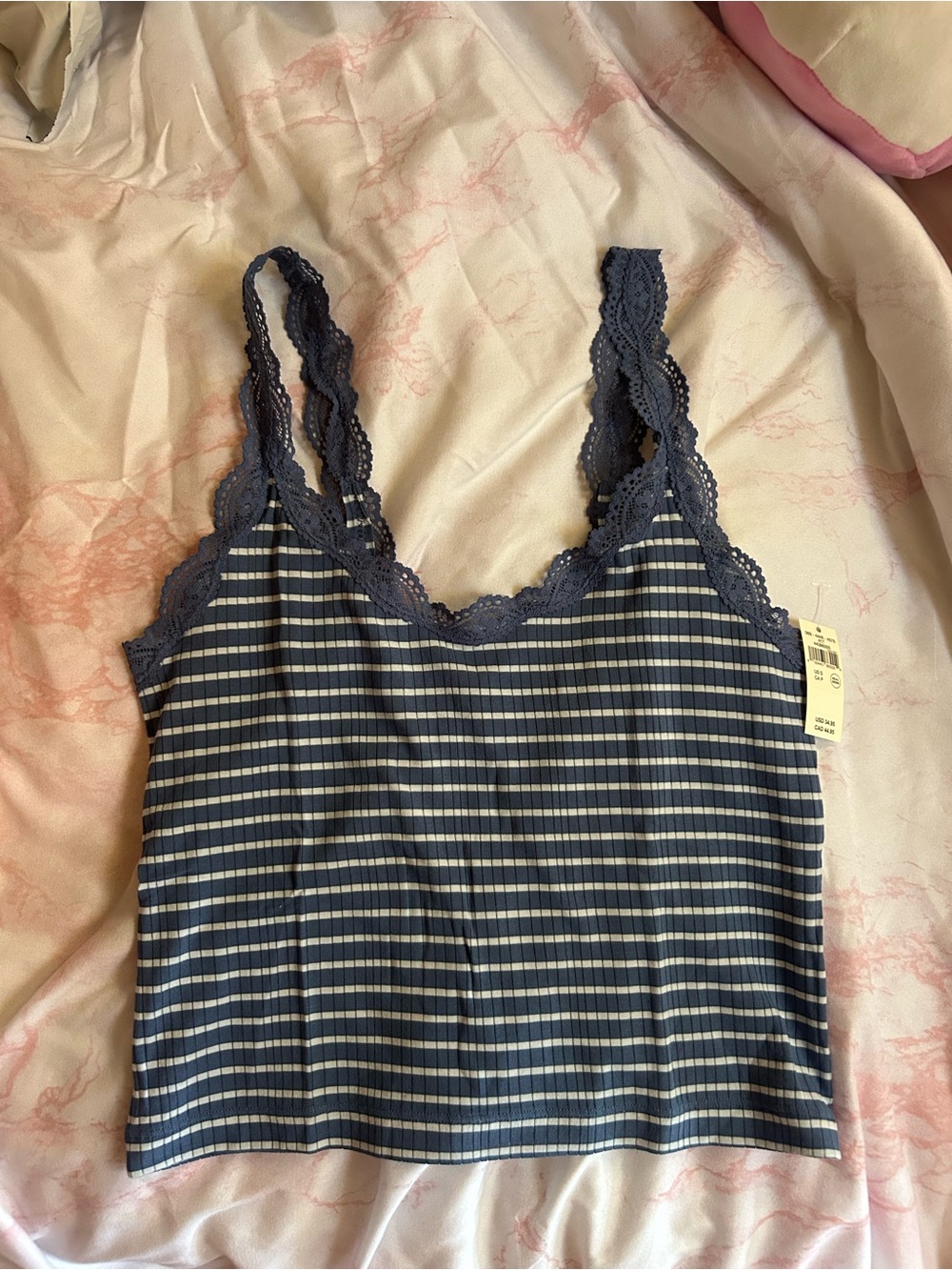Brand New Aerie Striped Navy & White Lace Trim Tank Top